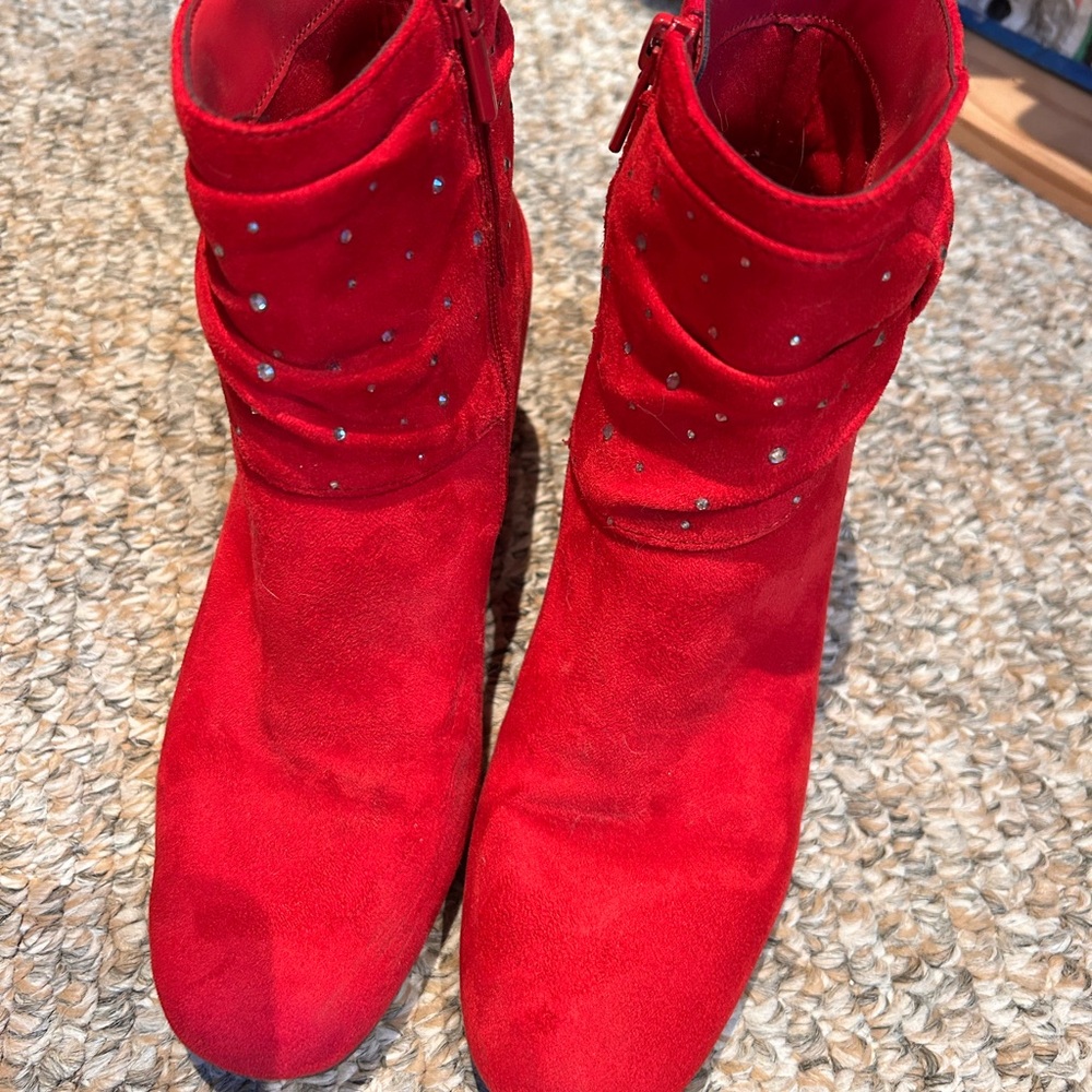 Red Suede Ankle Boots w/ rhinestones and bows